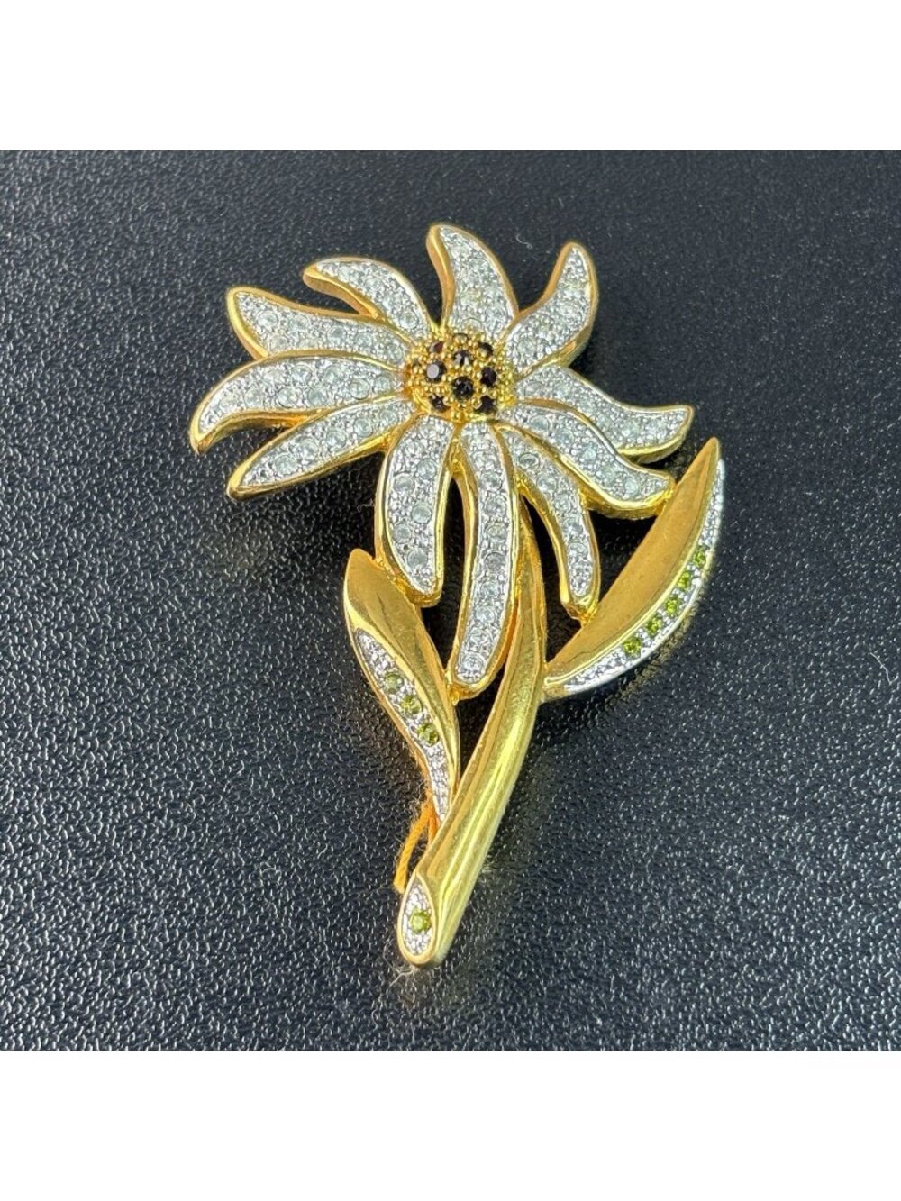 Vintage Joan Rivers Gold Tone Flower Stem Silver Rhinestones 2.5" Tall Brooch